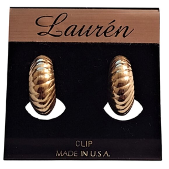Lauren 3/4" Domed Swirl Lined Hoop Clip On Earrings Gold Tone Vintage - Picture 3 of 5